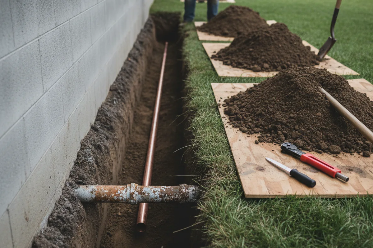 Excavated water line trench during Water Softener Installation in Hillside